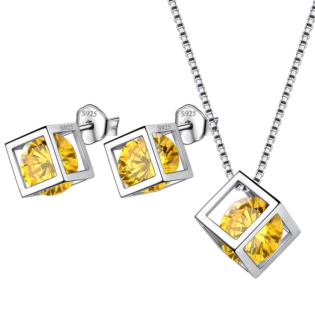 Aurora Tears November Birthstone Necklace Stud Earrings 925 Sterling Silver Yellow Citrine Square Birth Stone Jewellery Set Gifts for Women and Girls DS0028N