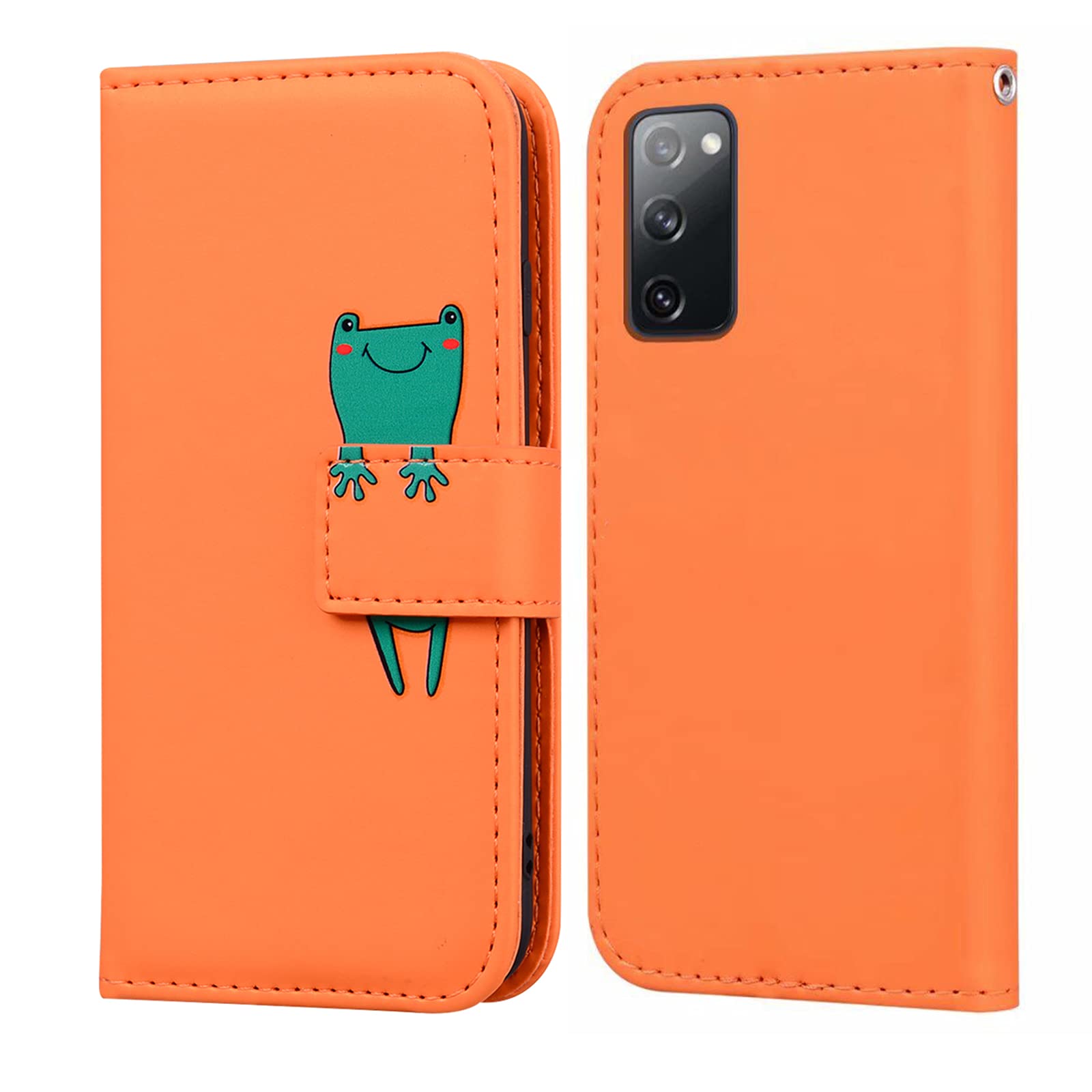 LUKASI for Samsung Galaxy S20 FE 5G Case, Cartoon Pattern Folding Stand PU Leather Wallet Flip Cover with TPU Inner Shell, Card Slots, Magnetic Closure (Samsung Galaxy S20 FE 5G-Orange+Frog)