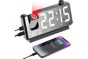 GuDoQi Projection Alarm Clock for Bedroom, Digital Clock with 180° Projector, 7" Large LED Display, Dual Alarms, Temperature&Humidity Display, Dual USB Port, 12/24H, Snooze, for Heavy Sleepers, Black