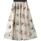 SUNYUESTAR Womens Floral Midi Skirt High Waisted A Line Cute Layered Fairy Mesh Tulle Pleated Skirt