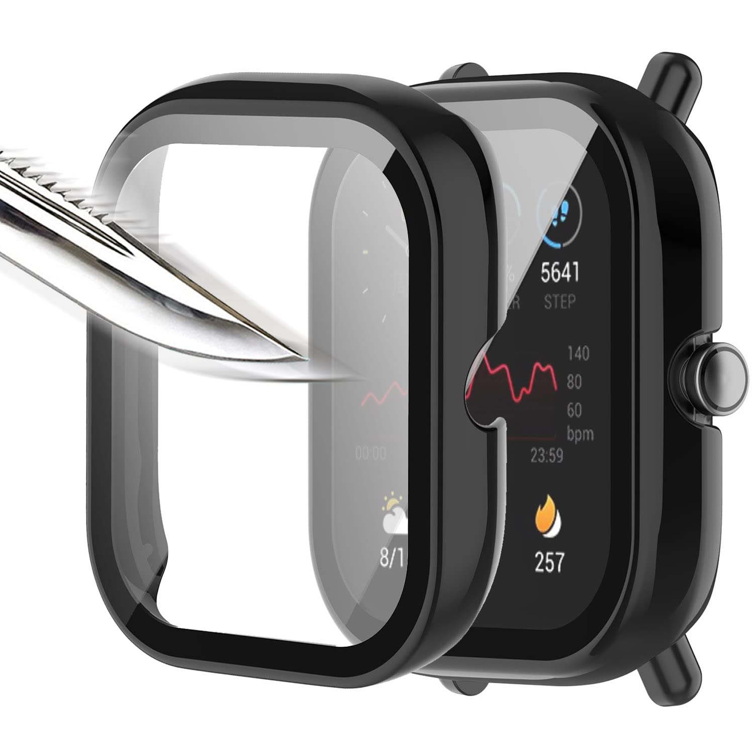 Msm-case Pack of 2 Tempered Glass Screen Protector Protective Case Compatible with Amazfit Bip U/Amazfit Bip U Pro, Hard PC All-Round Screen Protector Ultra Thin Bubble-Free Against Scratches - Black