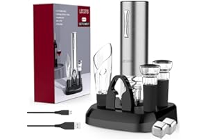 Electric Wine Bottle Opener, Automatic Cordless Stainless Steel Opener with Aerator,Pourer, Foil Cutter, Vacuum Stoppers, Win
