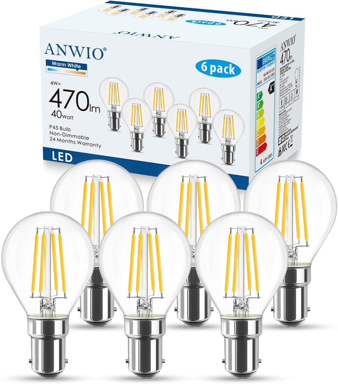 ANWIO B15 LED Golf Small Bayonet Filament Bulb 40W Equivalent, 4W Small Bayonet P45 Golf Led 2700K Warm White Led Light Bulb Bayonet, 470Lm,220-240V,77 * 45MM,Non-Dimmable(6 PCS)