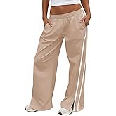 Fisoew Womens Wide Leg Pants Casual Baggy Elastic Waist Side Slit Contrast Stitch Loose Workout Sweat Pants with Pockets Khaki