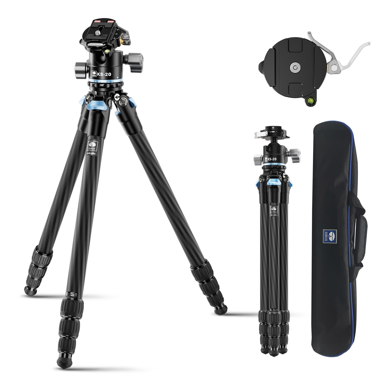 SIRUI 50.3" Carbon Fiber Travel Tripod, Compact Professional Camera Tripod with Low Profile Ball Head, Quick Release System, Load Up to 26.5lbs/12kg, AM-254+KS-20