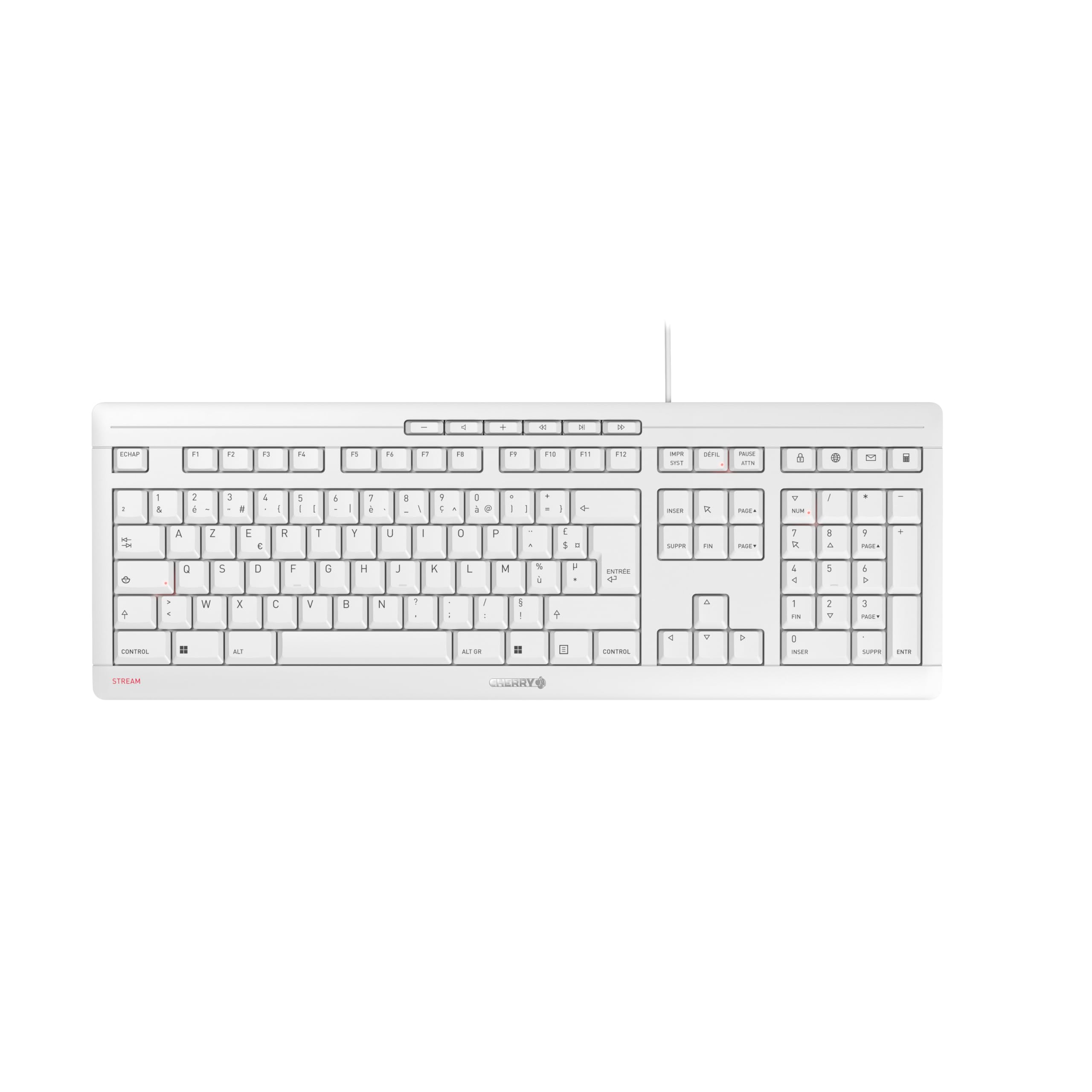 CHERRY STREAM KEYBOARD, Wired Keyboard, French Layout (AZERTY), Quiet Keystrokes, Unique Typing Experience, Flat Design, White-Grey