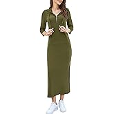 MISSKY Women Casual Pocket Quarter-Zip Neck 3/4 Sleeve Slim Split Pullover Hoodie Maxi Dress