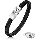 FOCOOG Leather Bracelets for Mens Gifts - Premium Genuine Leather Adjustable Stainless Steel Magnetic Clasp Mens Initial Bracelet, Unique Gifts for Men Husband Dad Son