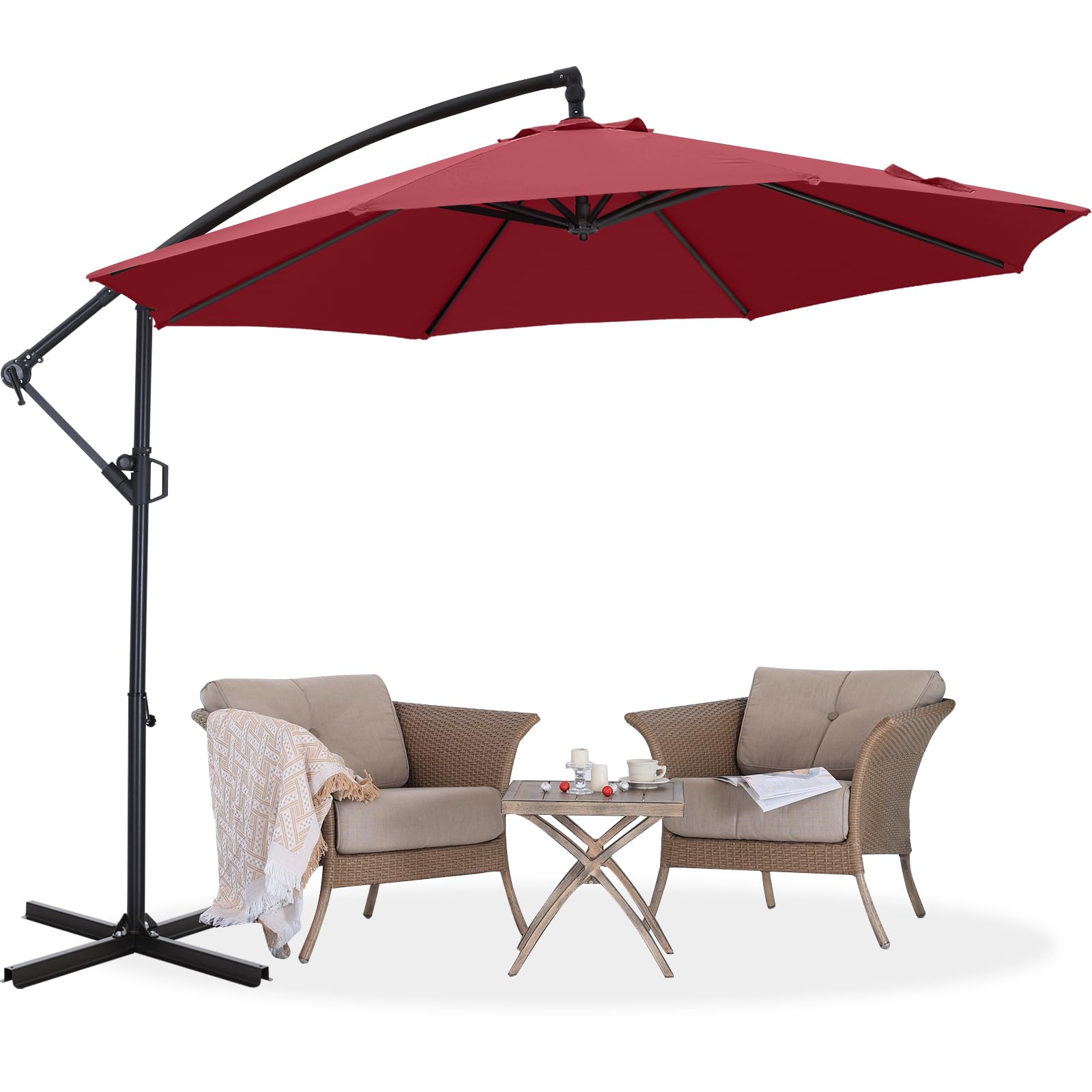 Photo 1 of ABCCANOPY 10FT Cantilever Patio Umbrella with base included, 360° Rotation Outdoor Offset Umbrella for Backyard, Deck, Poolside (Burgundy)