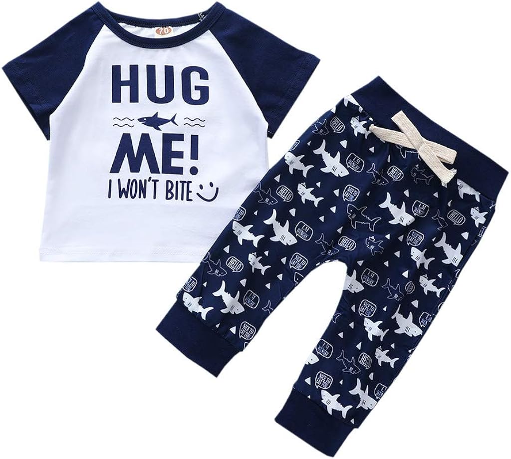 Heberry 0-3 Years Toddler Kids Boys Letter Tops Shark Cartoon Print Pants Outfits Summer Clothes