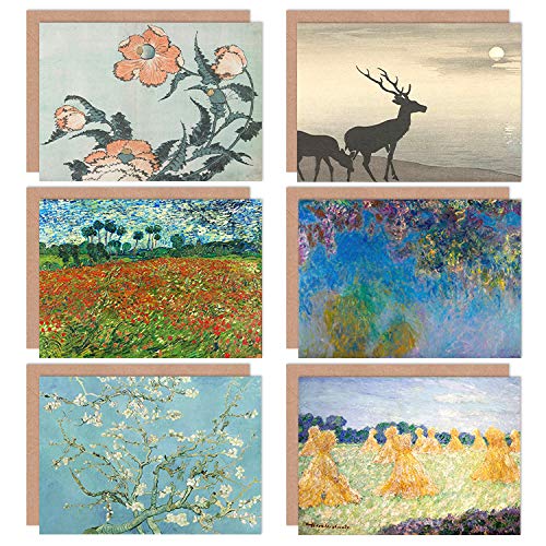 Artery8 Monet Koson Van Gogh Hokusai Flowers Poppy Blossom Mixed Fine Art Greeting Card Pack of 6