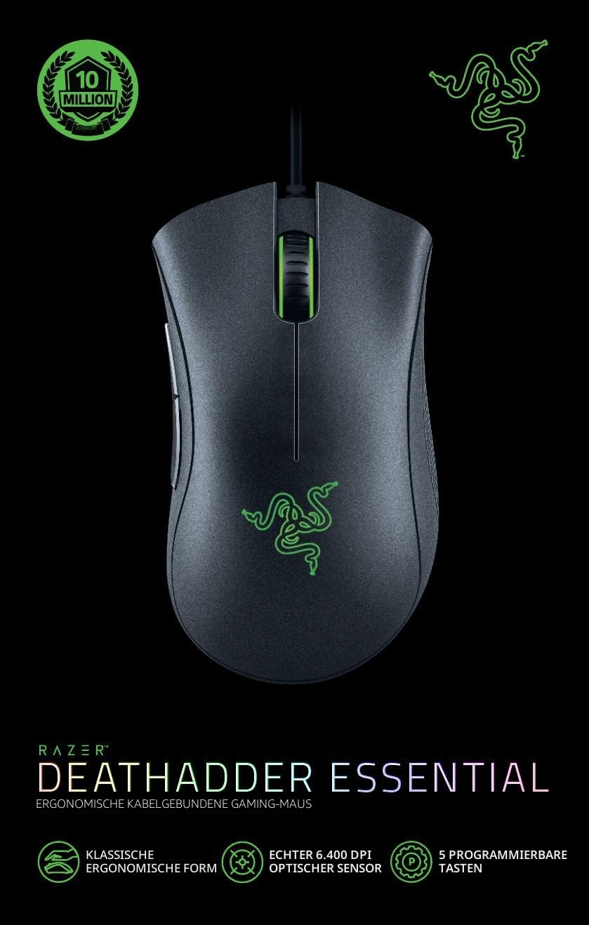 Razer DeathAdder Essential (2021) - Kabelgebundene Gaming-Maus mit Optischem Sensor mit 6400 DPI (5 programmierbare Tasten, Ergonomischer Formfaktor, 10 Millionen Klicks Lebensdauer) Schwarz 6
