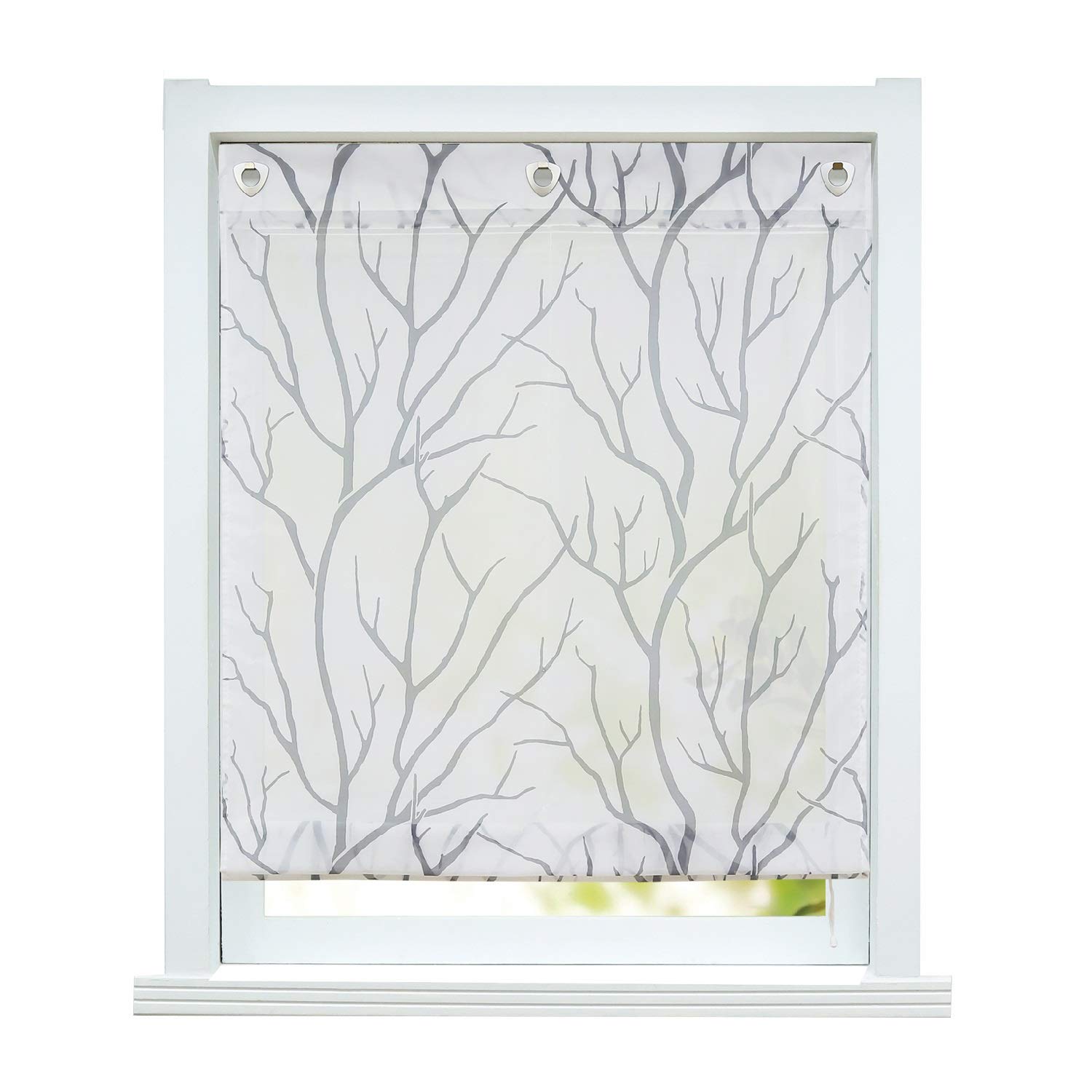 ESLIR Roman blind, no drilling required, transparent curtain with eyelets, curtains with U-hooks, eyelet roller blind modern curtains, white-grey, W x H: 80 x 140 cm, pack of 1