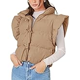 Tankaneo Womens Cropped Puffer Vest Ruffle Sleeveless Tie Front Stand Collar Quilted Vest Winter Zip Up Padded Gilets Coats