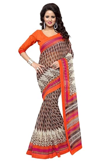 Womens Fancy Super Net Printed Saree With Solid Lace Border & Un-stitched Blouse Piece (2359-Brown, Orange-6.3 meters)