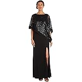 R&M Richards Women's Elegant Sequin Poncho Overlay & High Slit Formal Sheath Maxi Dress | Evening Cocktail Party Attire Gown