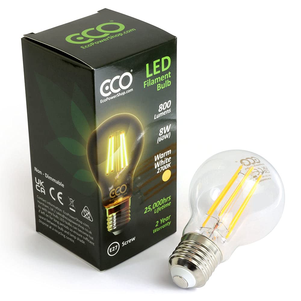 ECO 60W Energy Saving Light Bulb, Low Energy 8W LED Filaments, Bright 800 Lumen, Clear Glass, Warm White (2700K), E27 Standard UK Edison Screw (ES), 25000Hrs Lifetime.