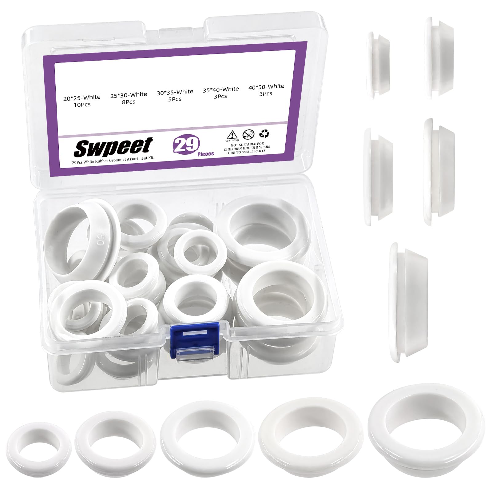 Swpeet 29Pcs White Rubber Grommet Assortment Kit, 5 Sizes Eyelet Ring Gasket, Single Sided Round Firewall Hole Plugs Approx 4/5" 1" 1-1/4" 1-2/5" 1-3/5" Drill Hole for Wiring, Boat