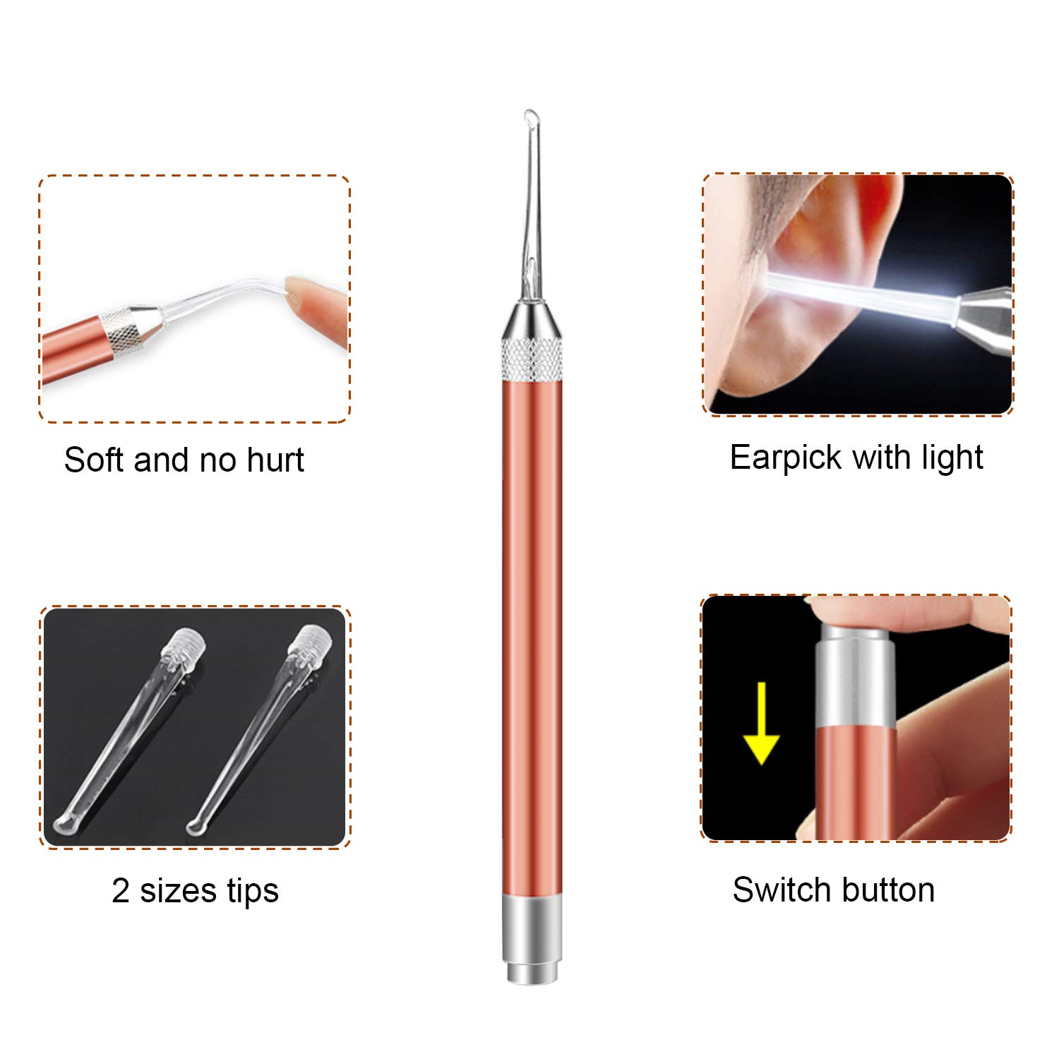 4Pcs Earwax Removal Tools,Nose Cleaning Tweezer,Nail Clipper,Ear Pick Cleaner Kit with LED Light,Visible Ear and Nose Care Accessories,Ear Spoon with Storage Box for Baby and Adult(Rose Gold)