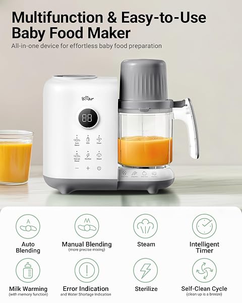 BEAR BABY FOOD MAKER WITH 18.5OZ DUAL-LAYER STEAM BASKETS, ONESTEP BABY FOOD PROCESSOR STEAMER PUREE BLENDER GRINDER MILLS, AUTO COOKING GRINDING&STERILI-ZING FOR HEALTHY HOMEMADE BABY FOOD, BPA-FREE