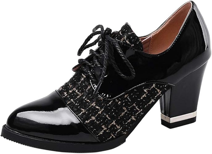 SUCREVEN Women Mid Block Heel Brogue Shoes Round Toe Tops Oxford Shoes