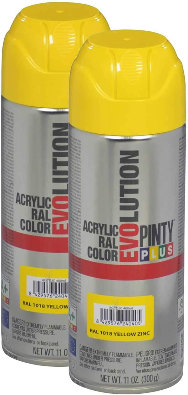 Pintyplus Evolution Spray Paint - Zinc Yellow - RAL 1018 - Pack of 2 - Fast Dry, Acrylic Spray Paint for Metal, Wood, Stone, Cardboard and Paper