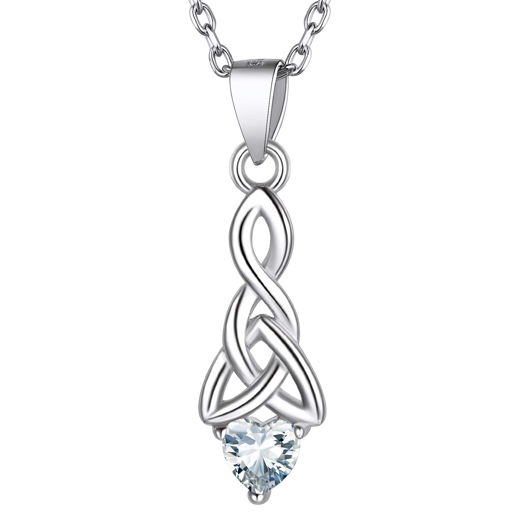 Suplight Celtic Knot Pendant Sterling Silver, April Birth Stone Necklesses, 925 Good Luck Irish Necklace, Cubic Zirconia Birthstone Necklaces for Women Celtic