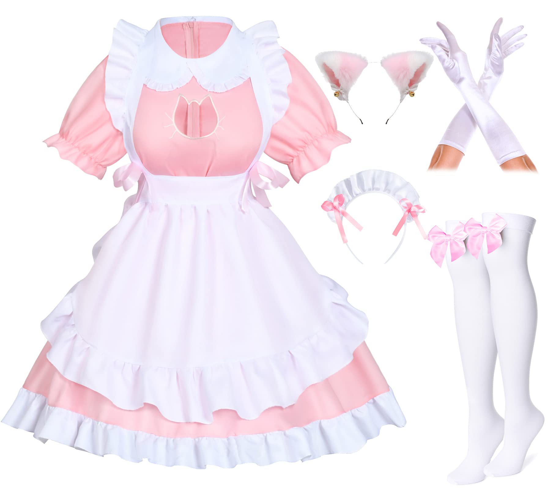 Wannsee Anime French Cat Maid Apron Fancy Dress Cosplay Costume Headwear Gloves Socks Set(Pink L)