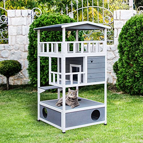 PawHut Wooden Outdoor Cat House, Feral Cat Shelter Kitten Tree with