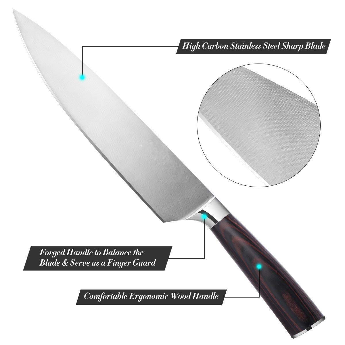 Kochmesser 20cm, CUSIBOX Küchenmesser aus rasiermesserscharfem Hartstahl, Profi Chefmesser, Scharfe Fleischmesser, Allzweckmesser mit Ergonomischer Holz-Griff