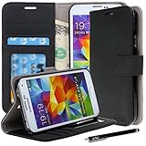 Galaxy S5 Case, Galaxy S5 Flip Case - E LV Deluxe PU Leather Folio Wallet Case Cover for Samsung Galaxy S5 / Galaxy SV / Galaxy S V (AT&T, T-Mobile, Sprint, Verizon) with 1 Black Stylus, 1 Screen Protector and 1 Microfiber Digital Cleaner-Black