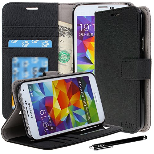 Galaxy S5 Case, Galaxy S5 Flip Case - E LV Deluxe PU Leather Folio Wallet Case Cover for Samsung Galaxy S5 / Galaxy SV / Galaxy S V (AT&T, T-Mobile, Sprint, Verizon) with 1 Black Stylus, 1 Screen Protector and 1 Microfiber Digital Cleaner-Black