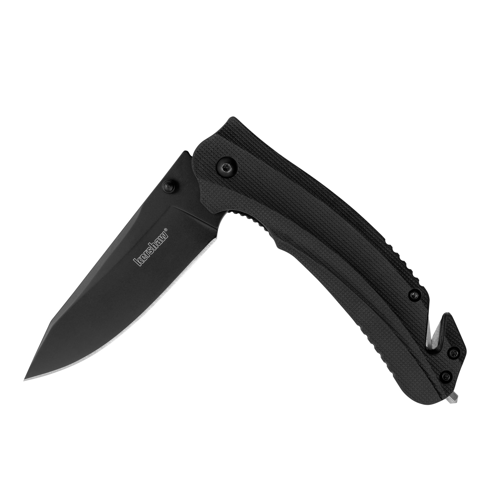 Photo 1 of Kershaw Barricade Black (8650BLK) Multifunction Rescue Pocket Knife with 3.5 Inch Stainless Steel Blade; SpeedSafe Opening, Glass Breaker Tip, Belt Cutter, Pocketclip; 4.5 oz