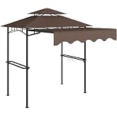 Outsunny 8' x 7.6' Grill Gazebo Double Tiered Outdoor BBQ Gazebo, Brown | Side Awning, 2 Side Shelves, 6 Hooks, Patio, Deck, Yard