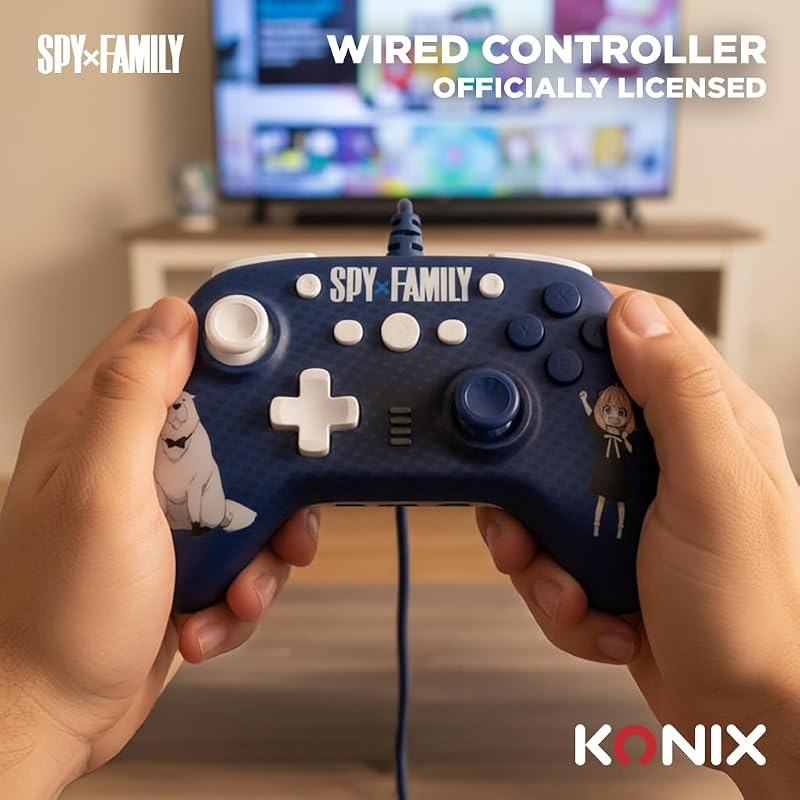 Spy x Family Manette filaire pour Nintendo Switch, Switch 2 et PC - Fonction vibration - Câble 3 m - Motif Anya et Bond Forger - Bleu