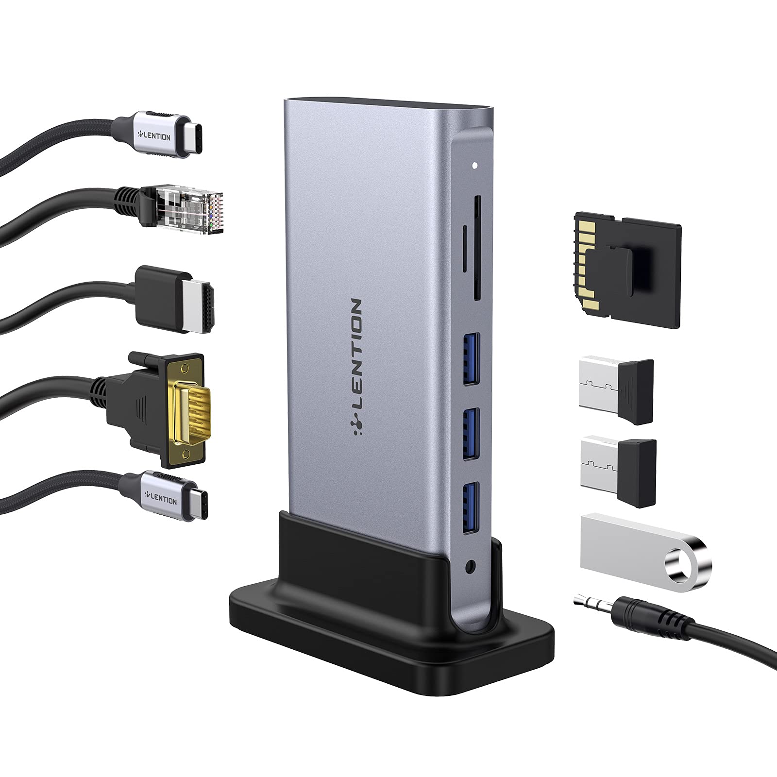LENTION USB C Vertical Docking Station Hub 100W Power Delivery 4K HDMI VGA Gigabit Ethernet Card Reader USB 3.0 Aux Adapter for 2025-2016 MacBook Pro, New Mac Air Surface Chromebook, More (D55, Gray)