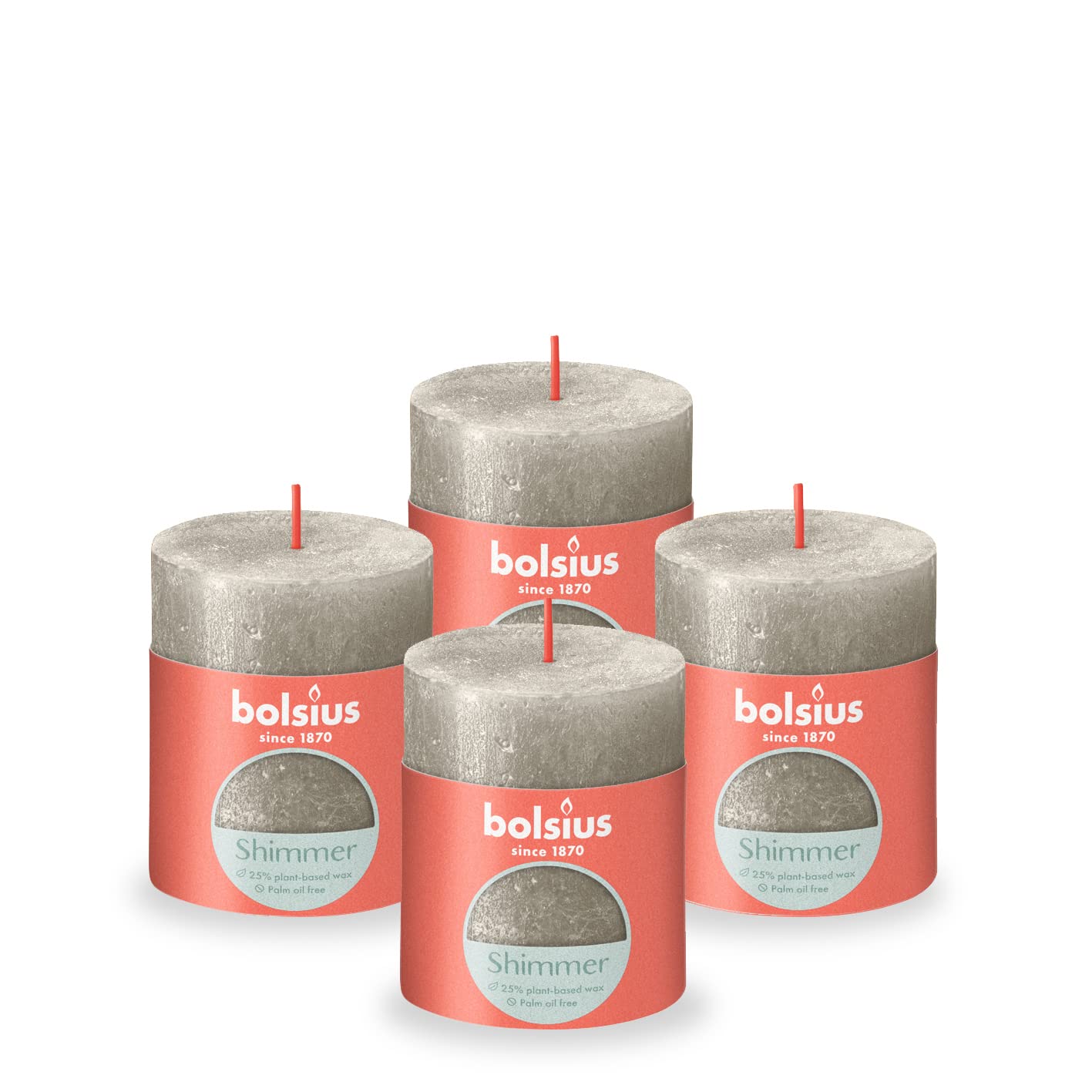 Bolsius Rustic Pillar Candle - Shimmer Champagne Silver - Pack of 4 - Burning Time of 35 Hours - Unscented - Includes Natural Vegan Wax - No Palm Oil - 8 x 7 cm