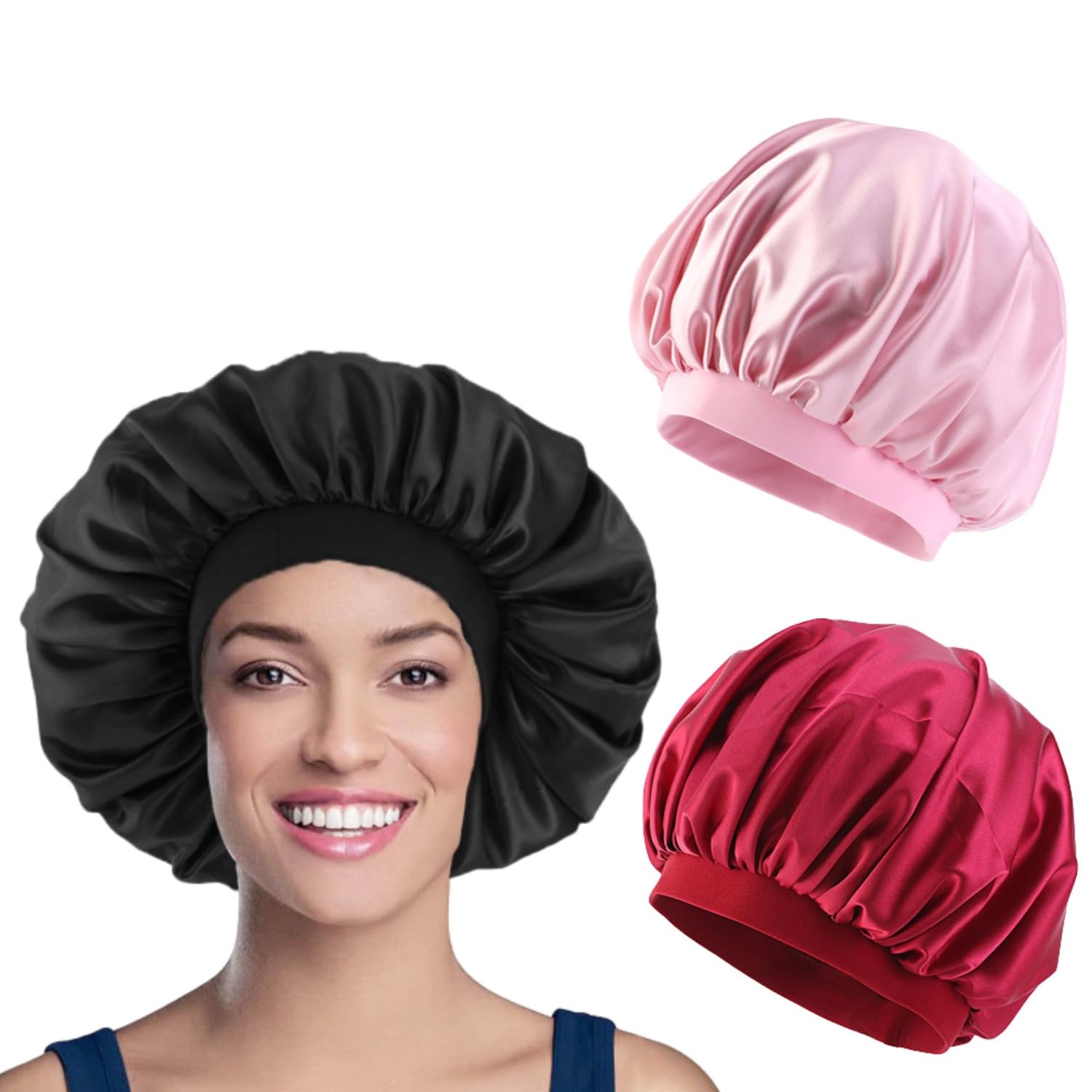 3Pack Satin Bonnet Silk Sleep Bonnet, Night Sleeping Cap with Wide Elastic Band, Silk Hair Wrap for Sleeping, Head Cover for Women Girls with Long Curly Hair (Pink, Black, Red)