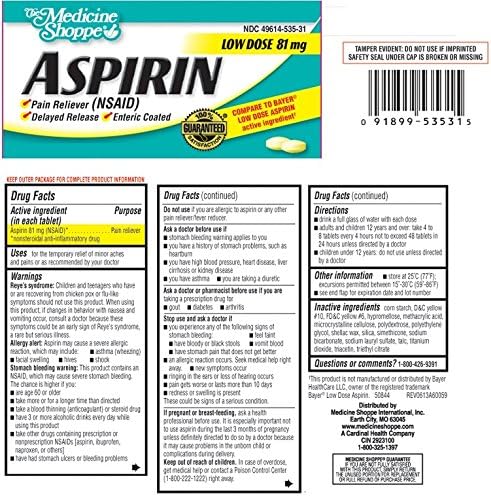 Medicine Shoppe Asprin Enteric Coated Adult Low Strength, Tablet, 81mg, 120 Count (4 PACK)