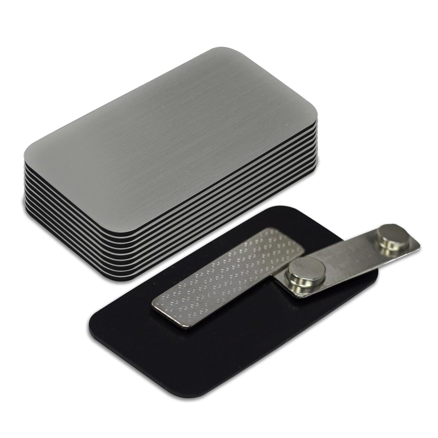 Name Tag/Badge Blanks - 10 Pack - Brushed Silver 1-1/2" X 3", Round Corners, Magnetic Backing