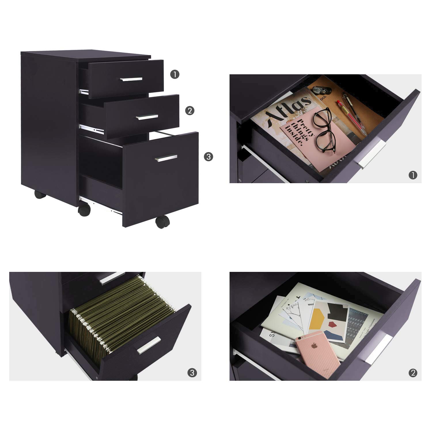 devaise mobile 3 drawer wood filing cabinet black home office furniture cabinets racks shelves