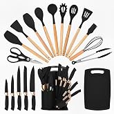 HEEVON 19-Piece Kitchen Utensil and Knife Set with Fan Holder, Black | Includes 5 nonstick knives, 11 silicone utensils, shears, cutting board and a fan-shaped knife holder