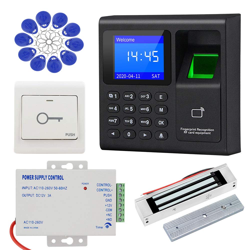KDL Complete RFID Access Control System Fingerprint Access Controller Keypad, DC12V Power Supply Transformer, 180kg/350lbs Electric Magnetic Lock with Door Switch Button, 125KHz ID Cards Keychains
