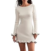 Women Y2k Long Sleeve Knit Mini Dress - Vintage Slim Fit Rolled Edge Fairy Grunge Bodycon Party Dress Clubwear