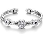 COOLSTEELANDBEYOND Two-Row Womens Steel Open Cuff Bangle Bracelet with Cubic Zirconia Circles Charms, Adjustable