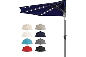 FLAME&SHADE 9 ft Half Round Solar Powered Outdoor Market Patio Table Umbrella for Wall Balcony with LED Lights and Tilt, Navy