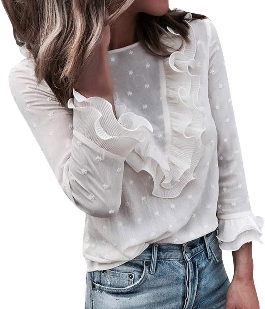 Women O Neck Lace Floral Print Long Sleeve Blouse Fancy Ruffle Casual Tunic Top