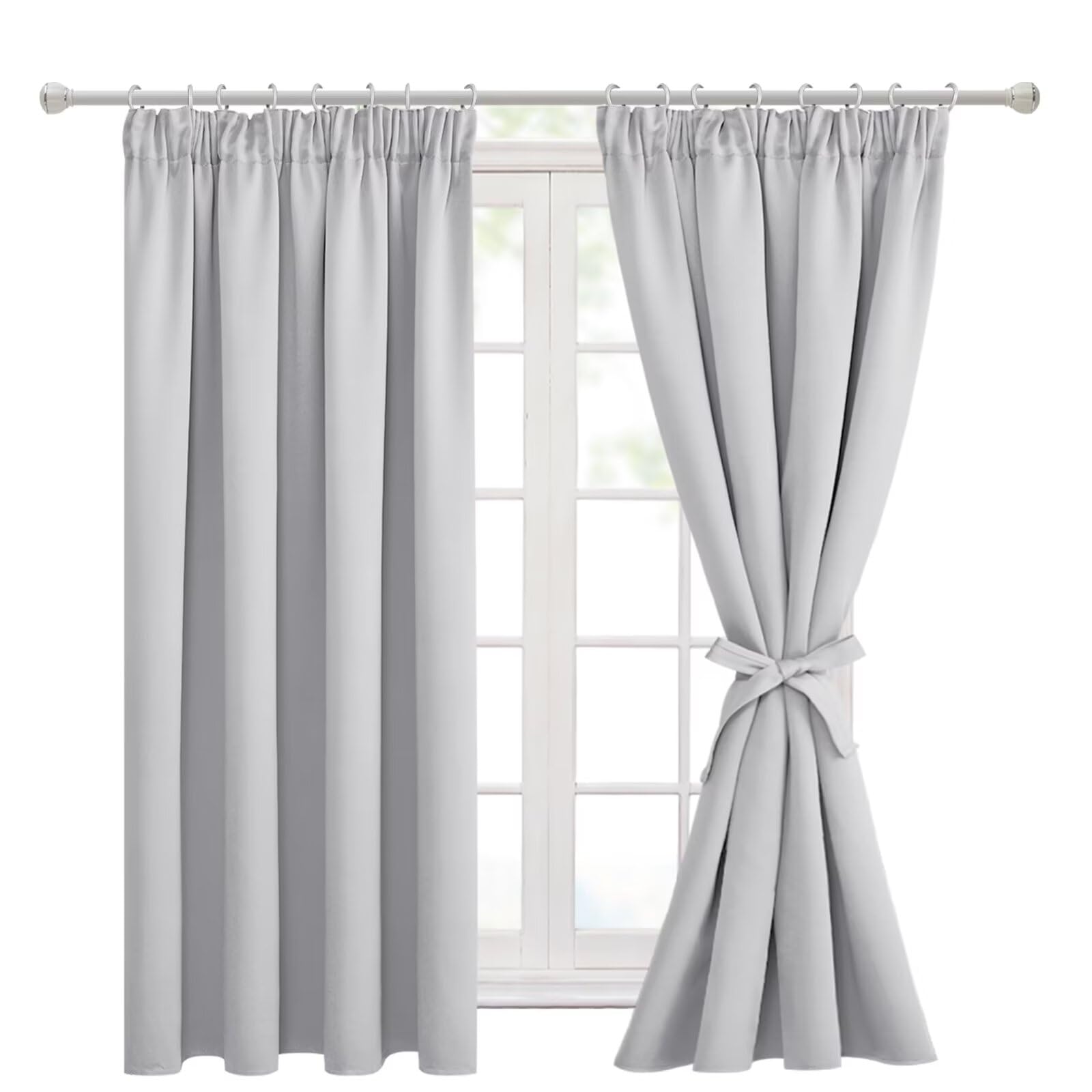Hiasan Pencil Pleat Blackout Thermal Insulated Curtains, Bedroom and Living Room with Tiebacks, Energy Saving and Noise Reducing, 2 Panels, 46 x 54 Inch, Silver Grey