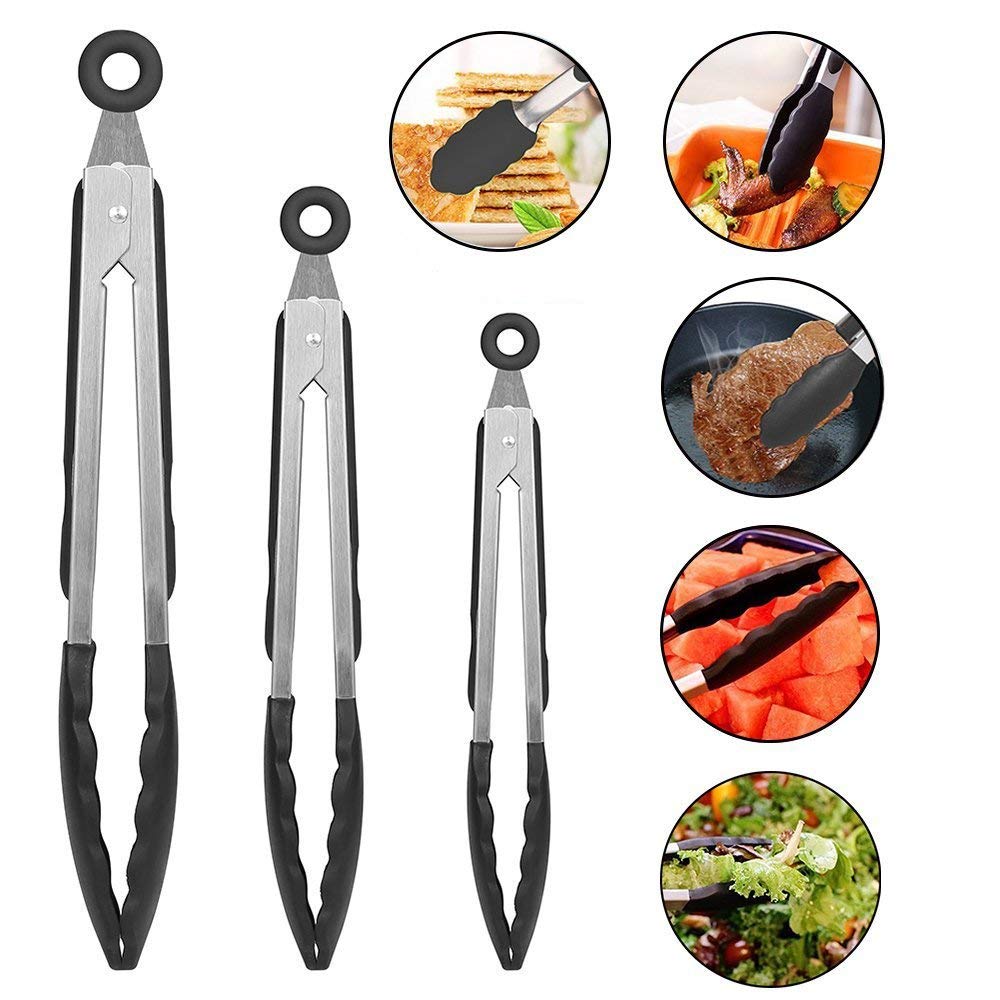 Silicone Food Tongs, Stainless Steel BBQ/Kitchen Tongs with Silicone Tips, Pack of 3-7,9,12 Inch