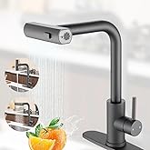 Waterfall Kitchen Sink Faucet with Pull Down Sprayer, 3 Modes(Sweep/Stream/Waterfall) Rotary Switch Stainless Steel Commercial Modern Faucet for Kitchen Sink Single Handle Black Sink Fuacet